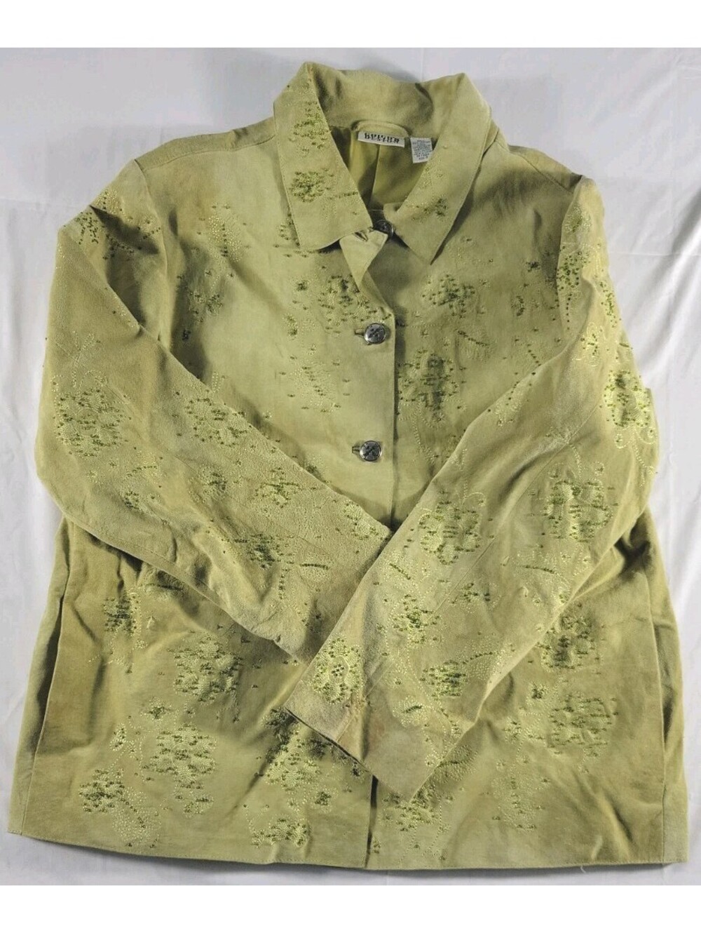 Vintage Chicos Leather Embroidered Beaded Green Floral Design Jacket Coat 3